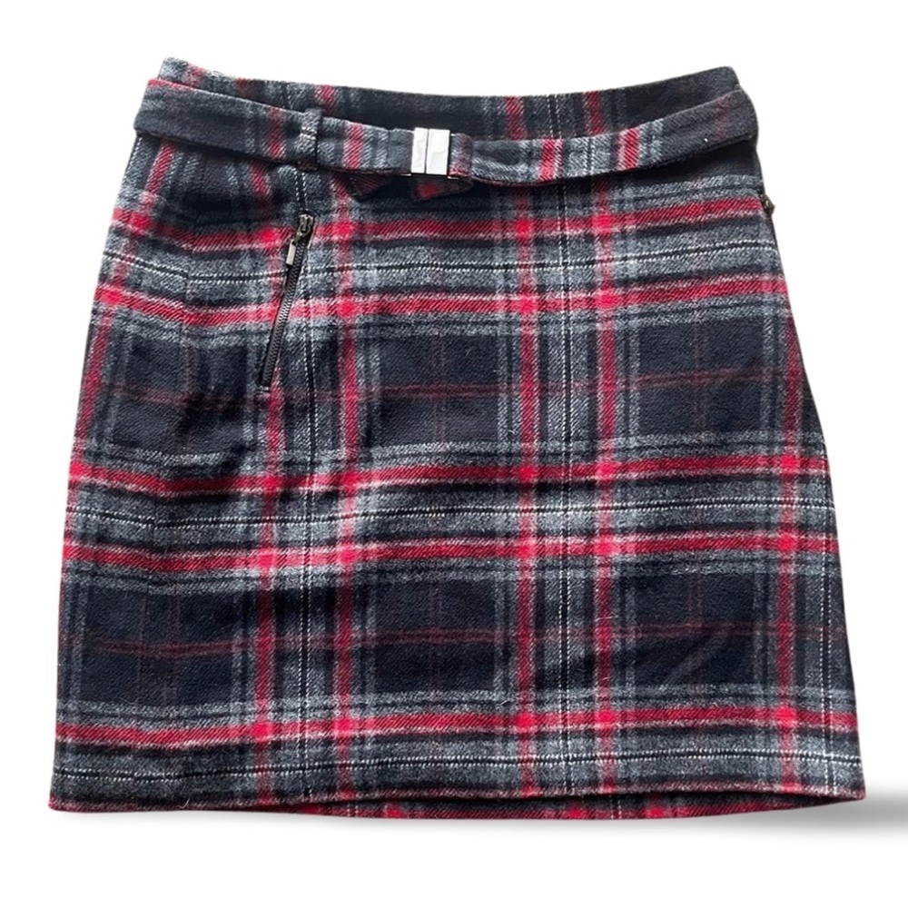 Steilmann Black Red Wool Plaid Mini Skirt Belted High Waist Dark Academia